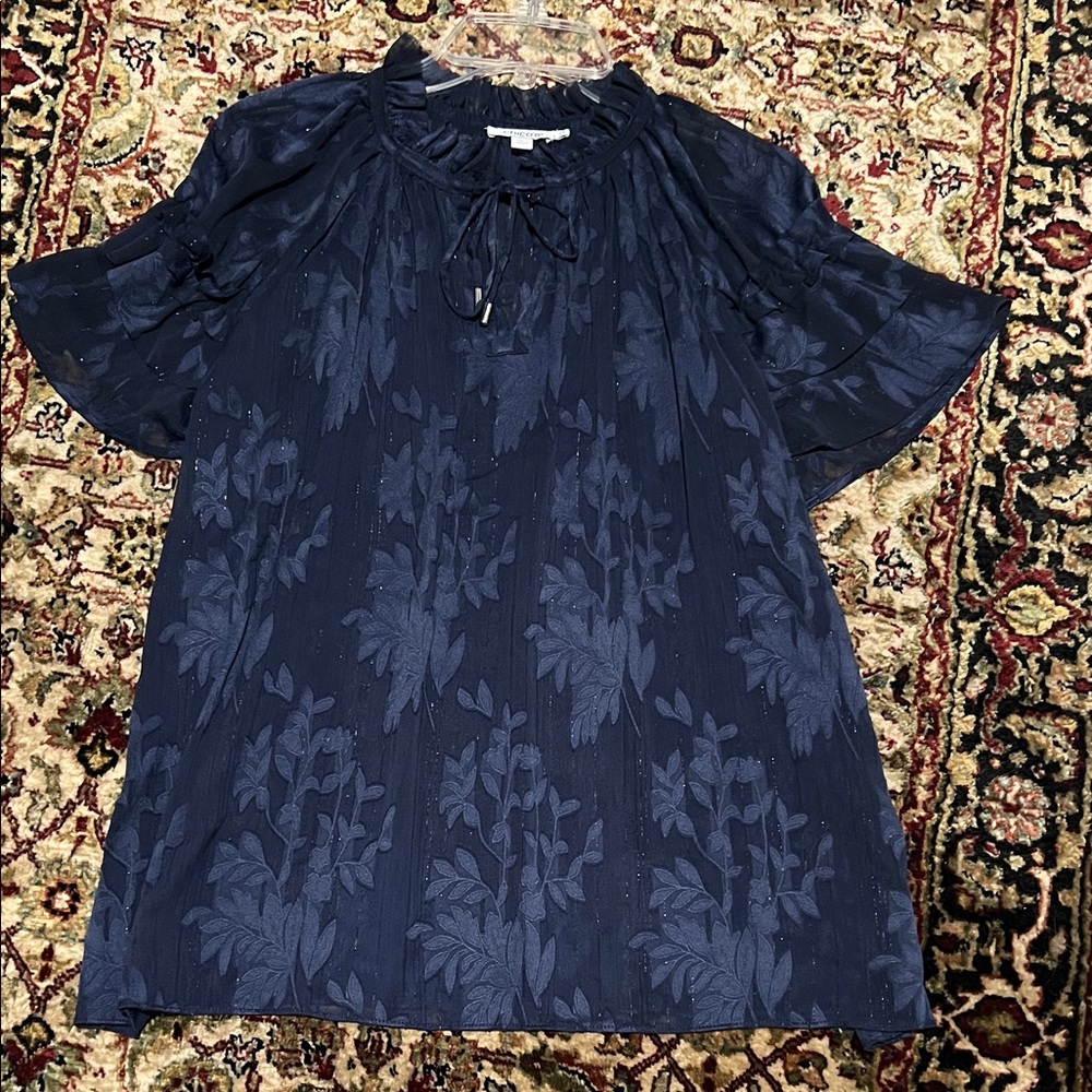 Chico's Navy Textured Tie-Neck Blouse Size 14 (2.5) Semi Sheer